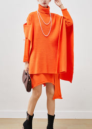 Orange Asymmetrical Knit Dress Two Pieces Set Turtle Neck Spring