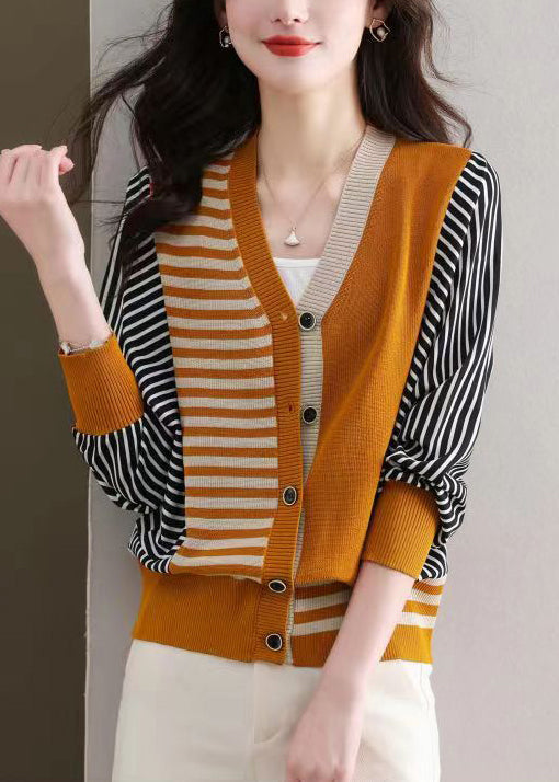 Orange Button Cozy Knit Cardigan V Neck Long Sleeve