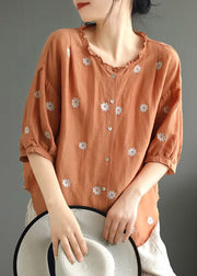 Orange Button Cozy Linen Top Half Sleeve