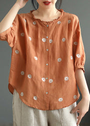 Orange Button Cozy Linen Top Half Sleeve