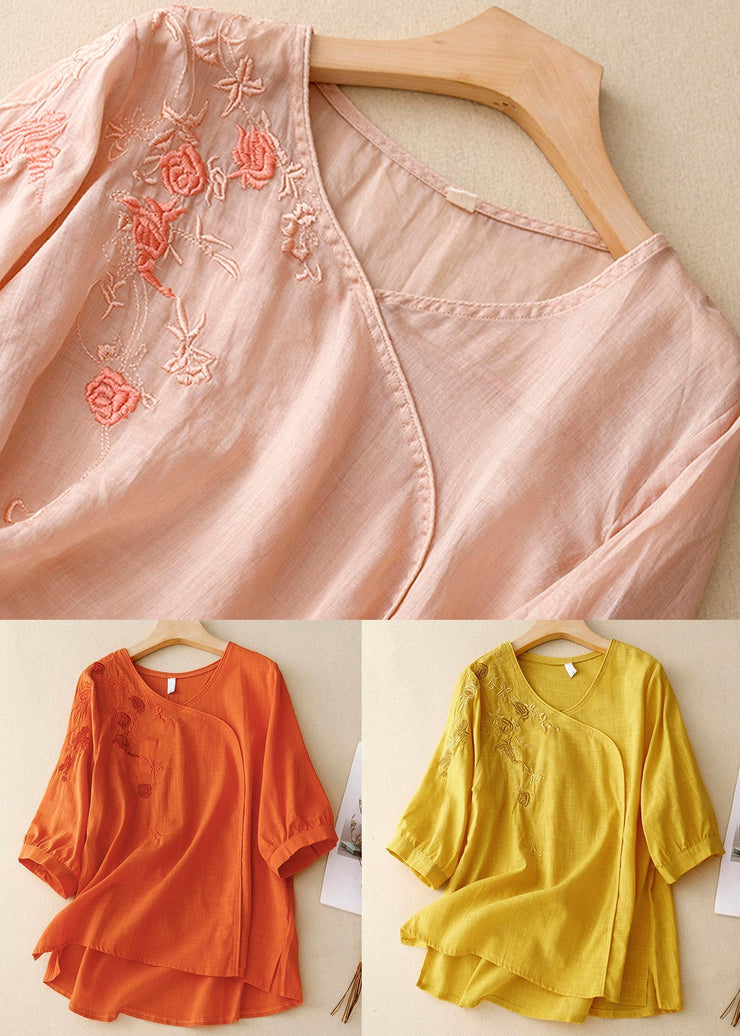 Orange Button Side Open Linen Shirt V Neck Spring