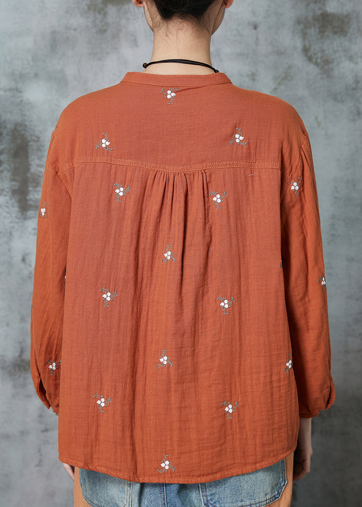 Orange Comfortable Cotton Blouses Embroidered Spring