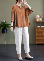 Orange Cotton Shirts Cinched Low High Design Batwing Sleeve