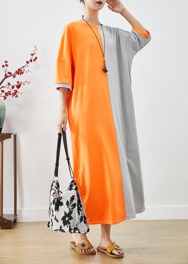 Orange Grey Patchwork Cotton Holiday Dresses Oversized Half Sleeve