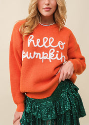 Orange Hollow Out Knit Sweaters O-Neck Long Sleeve