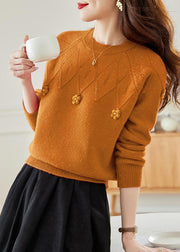 Orange Hollow Out Solid Knit Fall Sweaters O Neck