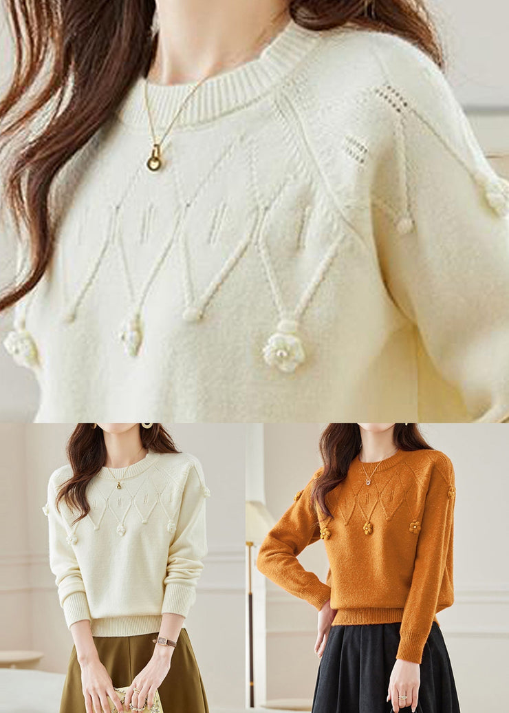 Orange Hollow Out Solid Knit Fall Sweaters O Neck