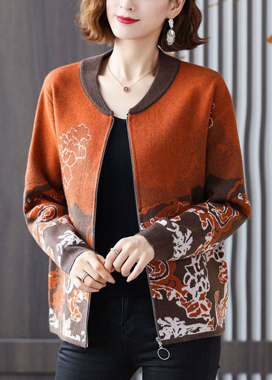 Orange Jacquard Knit Coat Outwear O-Neck Zip Up Long Sleeve