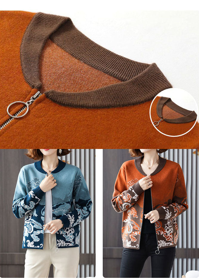 Orange Jacquard Knit Coat Outwear O-Neck Zip Up Long Sleeve