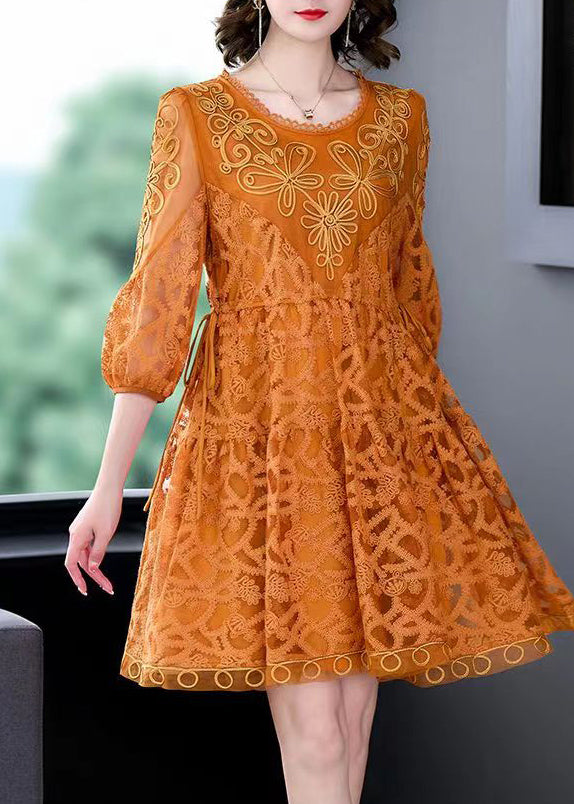 Orange Lace Holiday Dresses Cinched Exra Large Hem Summer