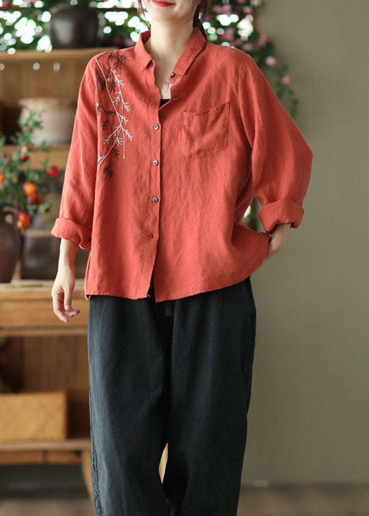 Orange Linen Blouses Embroideried Chinese Style Long Sleeve