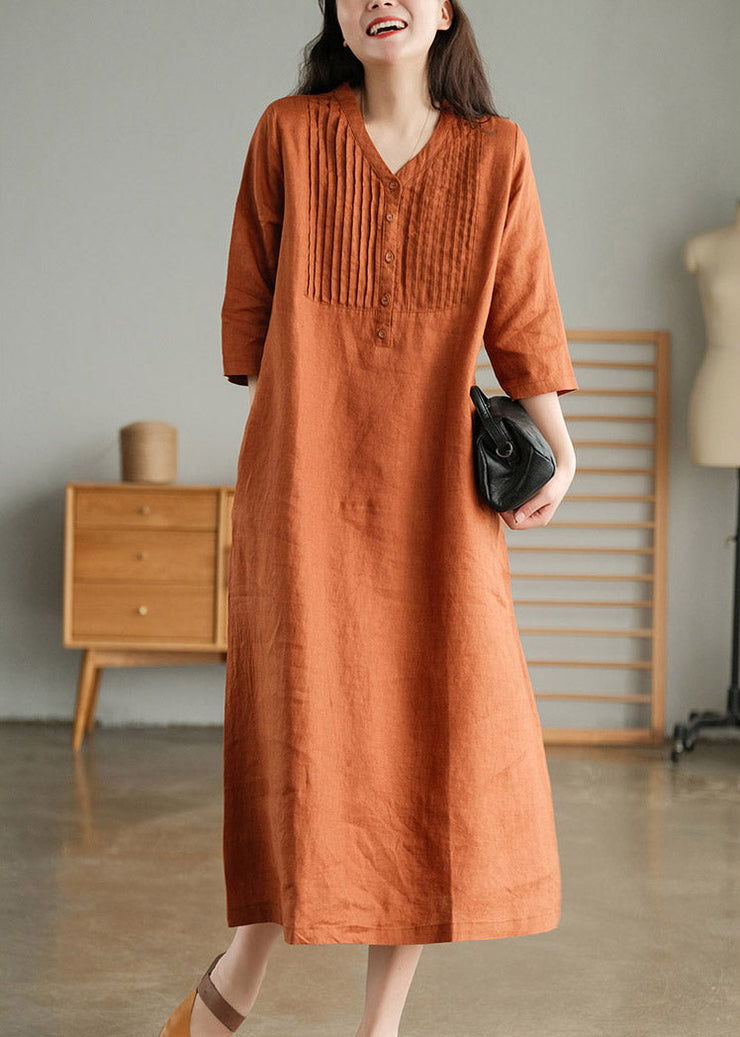 Yellow Loose Linen Long Dresses Button Solid Half Sleeve