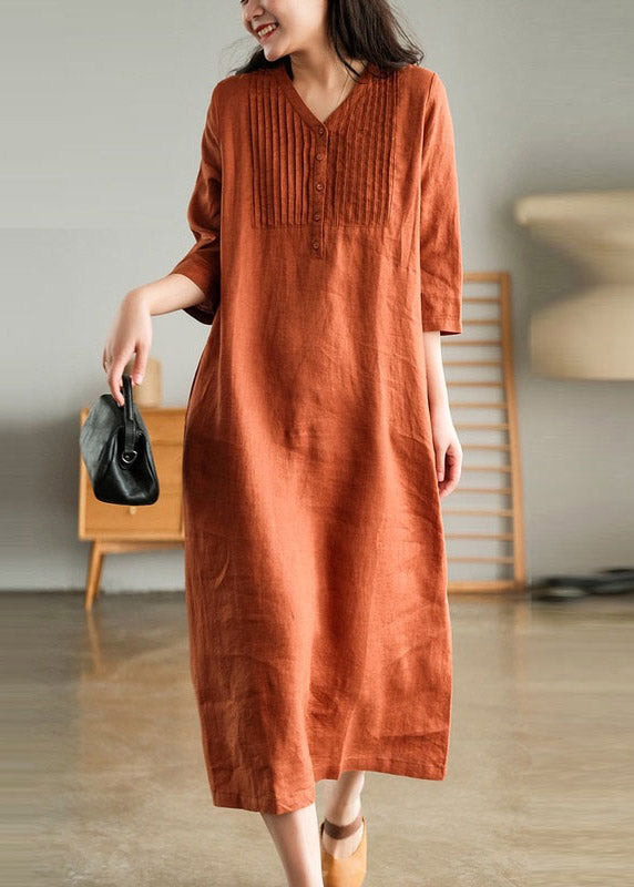 Print1 Loose Linen Long Dresses Button Solid Half Sleeve