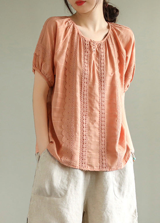 Orange O-Neck Button Solid Cotton Top Summer