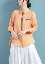 Orange Patchwork Button Ramie Shirts Fall