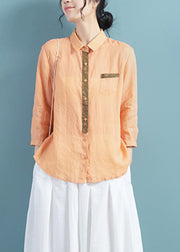 Orange Patchwork Button Ramie Shirts Fall