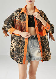 Orange Patchwork Cotton Coats Tasseled Leopard Print Fall