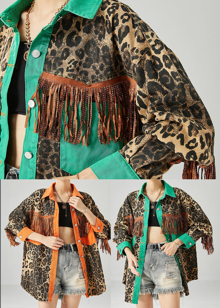 Orange Patchwork Cotton Coats Tasseled Leopard Print Fall