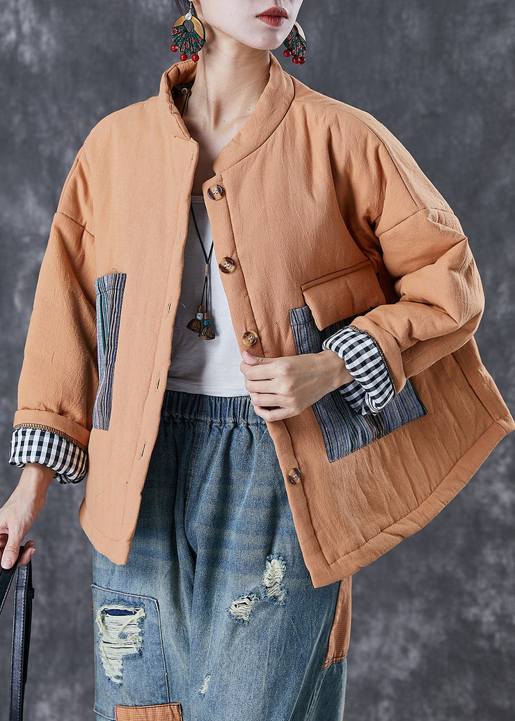 Orange Patchwork Fine Cotton Filled Puffer Jacket Oversized Pockets Winter