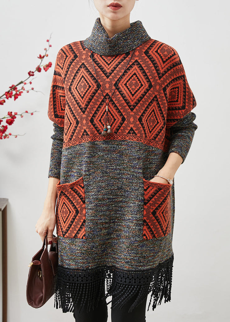 Orange Patchwork Knit Vacation Dresses Turtle Neck Tasseled Spring