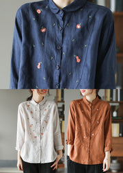 Orange Patchwork Linen Blouses Embroideried Spring