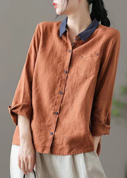 Orange Patchwork Linen Blouses Peter Pan Collar Long Sleeve