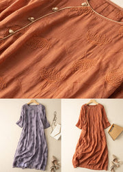 Orange Patchwork Linen Dresses Embroideried Button Bracelet Sleeve