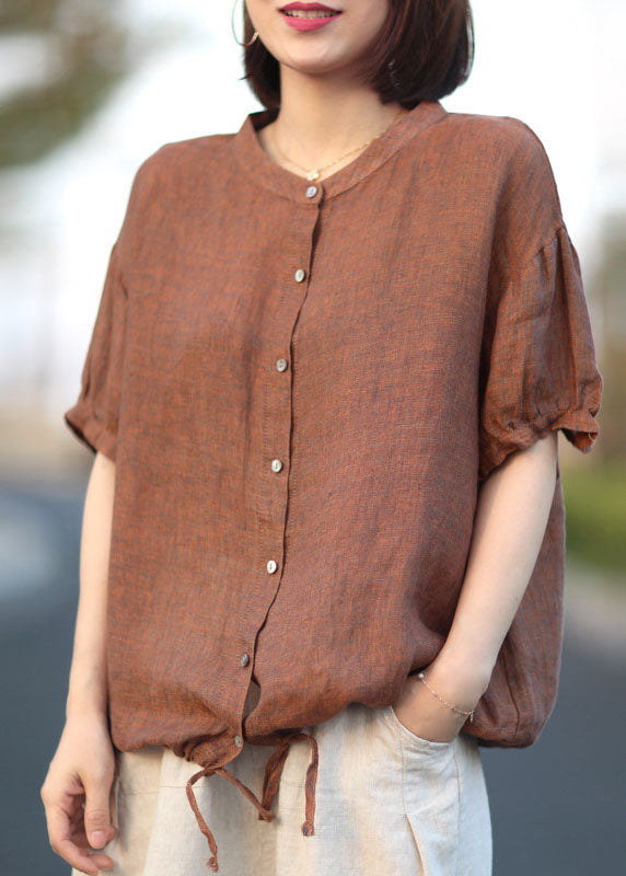 Orange Patchwork Linen Shirt Stand Collar Button Short Sleeve