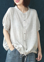 Orange Patchwork Linen Shirt Stand Collar Button Short Sleeve