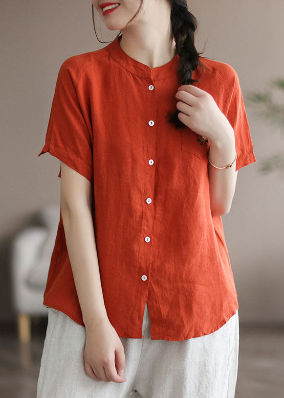 Orange Patchwork Linen Shirt Top Embroideried Button Summer