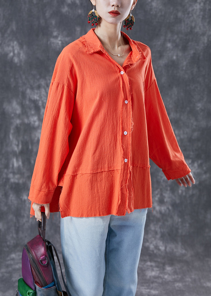 Orange Patchwork Linen Shirt Tops Peter Pan Collar Summer