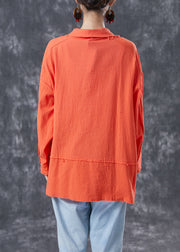 Orange Patchwork Linen Shirt Tops Peter Pan Collar Summer