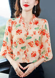 Orange Patchwork Print Silk Shirts V Neck Ruffled Summer