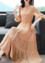 Orange Patchwork Silk Long Dresses Ruffled Stand Collar Button Fall