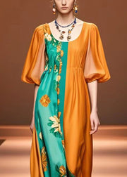 Orange Patchwork Silk Maxi Dresses U Neck Lantern Sleeve