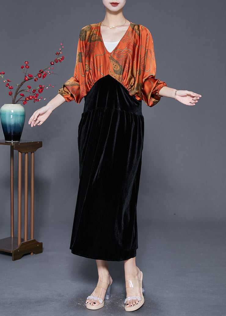 Orange Patchwork Silk Velour Dress Cinched Batwing Sleeve