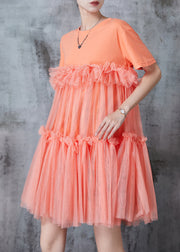 Orange Patchwork Tulle Mini Dresses Oversized Summer