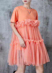 Orange Patchwork Tulle Mini Dresses Oversized Summer