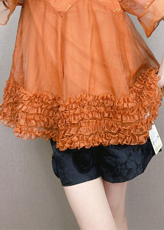 Orange Patchwork Tulle Top Embroideried Ruffled Stand Collar Summer