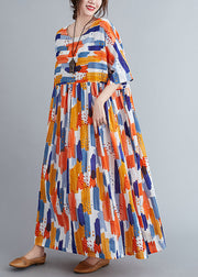 Orange Patchwork Wrinkled Maxi Dress Half Sleeve