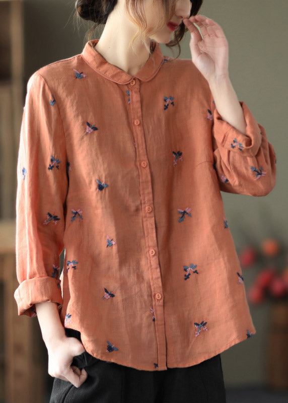 Orange Peter Pan Collar Button Linen Shirts Long Sleeve