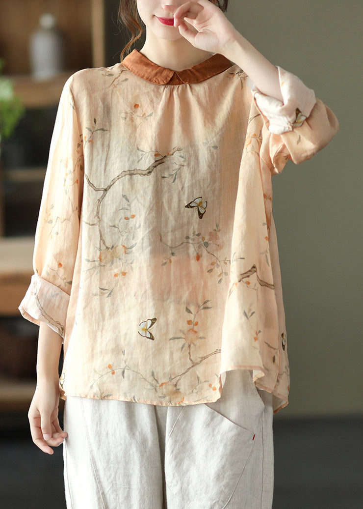 Orange Peter Pan Collar Ramie Shirt Long Sleeve