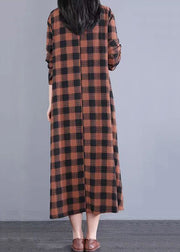 Orange Plaid Patchwork Cotton Dress Stand Collar Pockets Fall