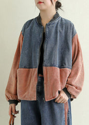 Orange Pockets Patchwork Corduroy Denim Jacket Zip Up Spring