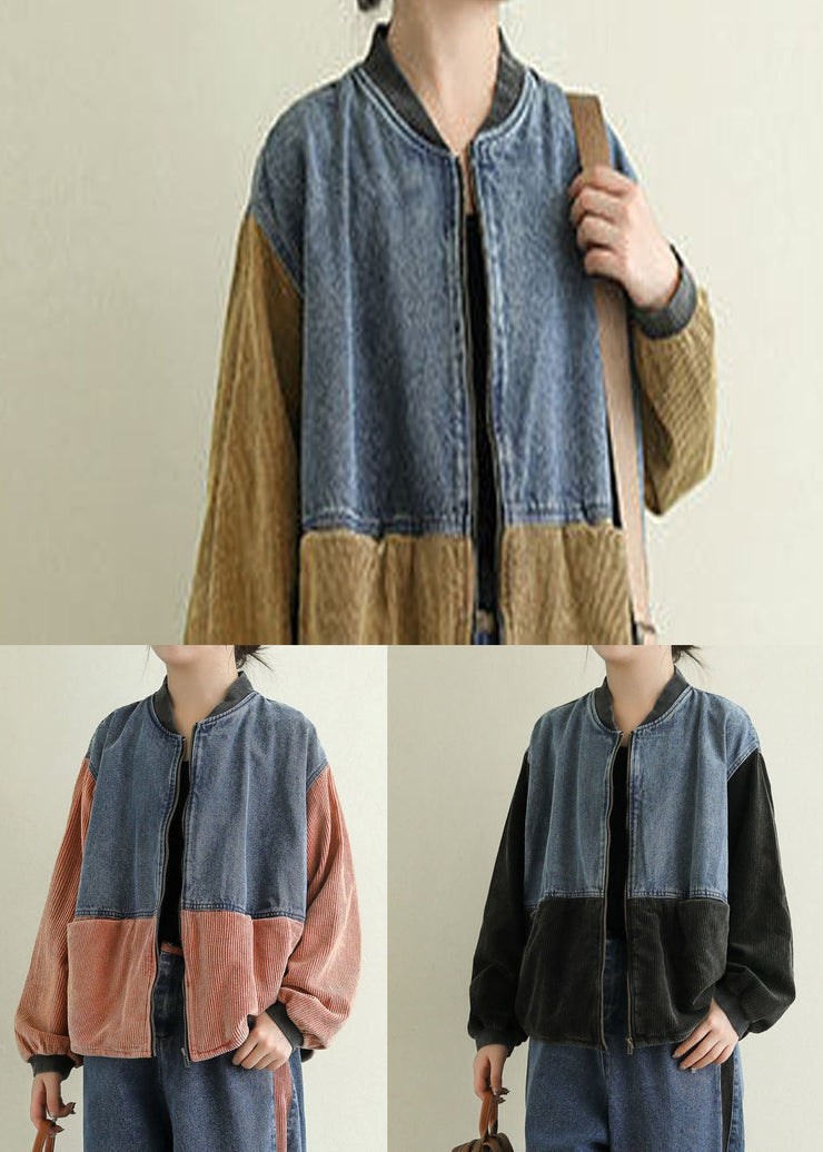 Orange Pockets Patchwork Corduroy Denim Jacket Zip Up Spring