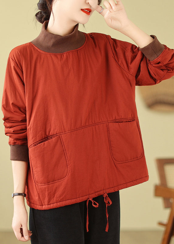 Orange Pockets Patchwork Fine Cotton Filled Pullover Streetwear Winter