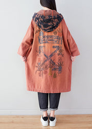 Orange Pockets Patchwork Print Cotton Hoodie Coat Spring