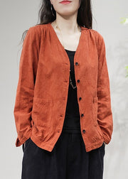 Orange Pockets Solid Cotton Coat Coats V Neck Fall