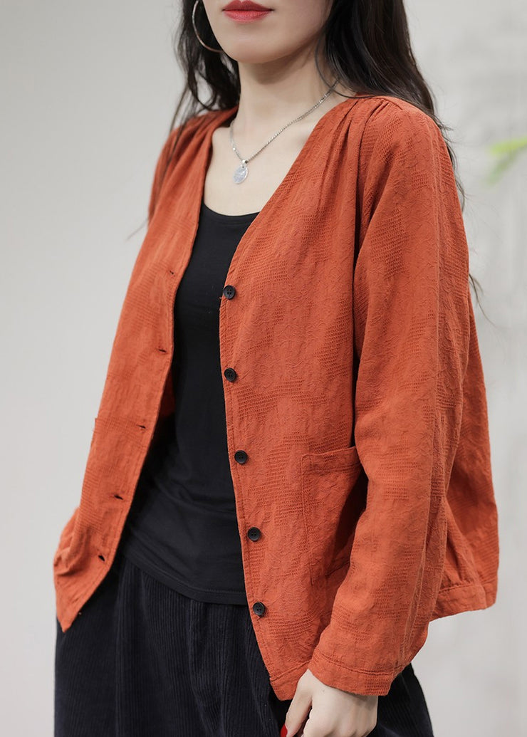 Orange Pockets Solid Cotton Coat Coats V Neck Fall