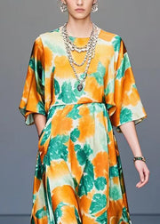 Orange Print Draping Silk Holiday Dress Oversized Summer